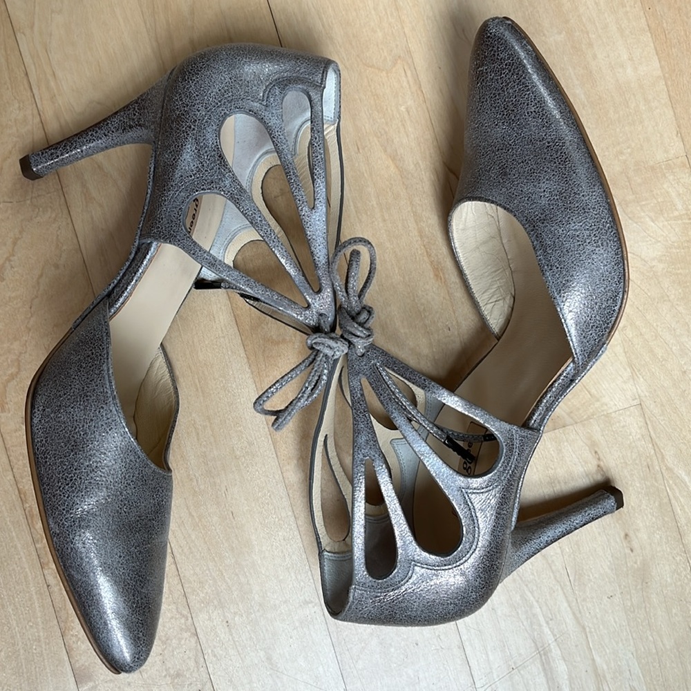 Paul Green Justine Leather Metallic Heels Ankle Lace - Picture 6 of 14